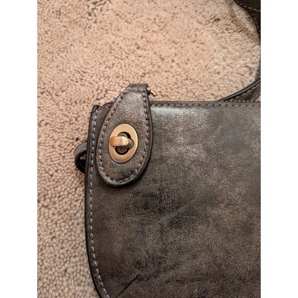 JOY Metallic Pewter Distressed Faux Leather Crossbody Bag Antique Brass Hardware